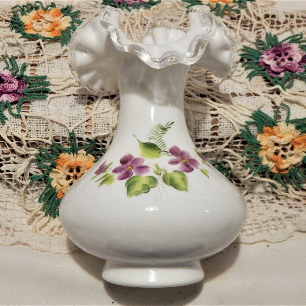 Vintage FENTON SilverCrest Vase, Handpainted "Violets in the Snow." Signed